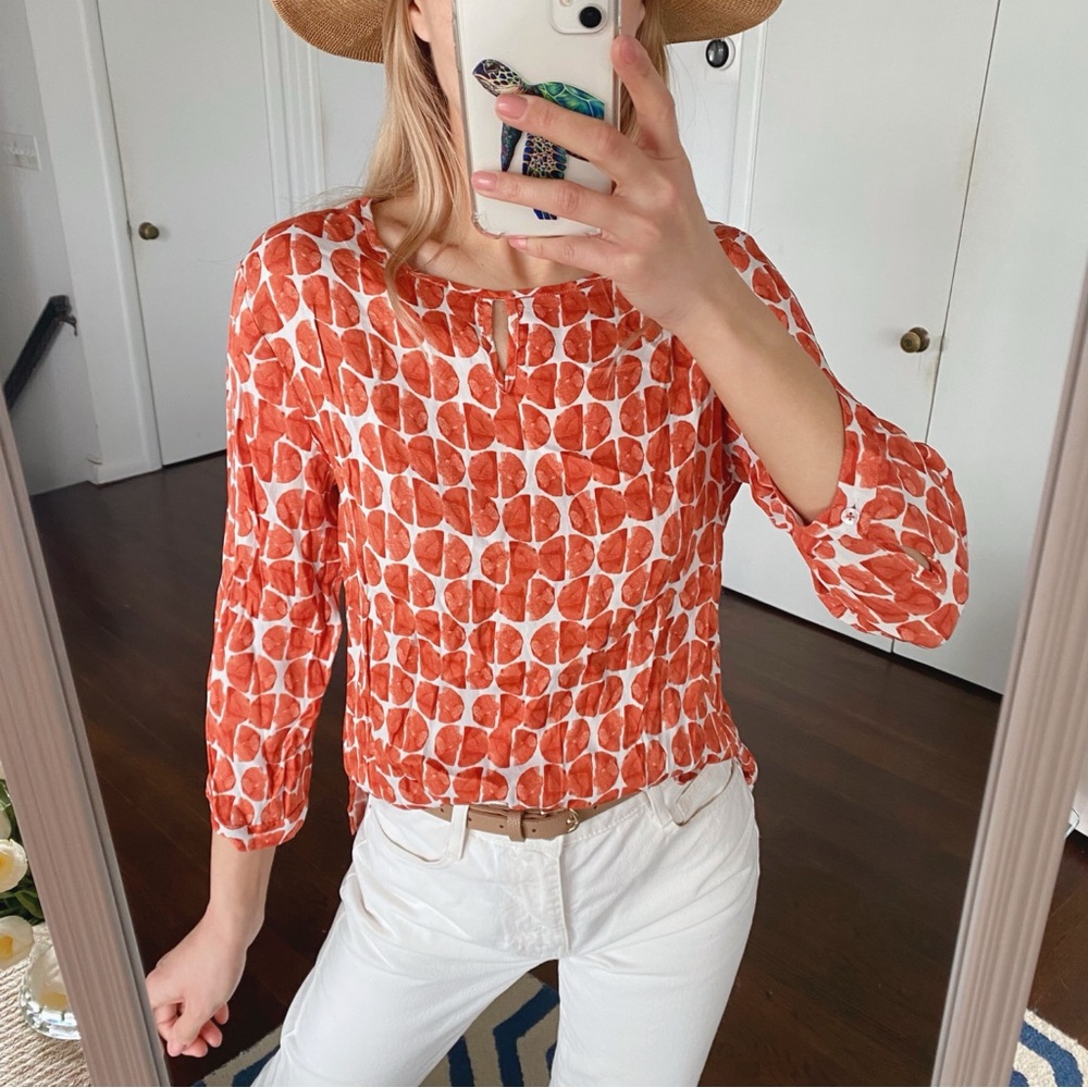 🐚 ETERNA TERRA-COTA WHITE GEOMETRIC PRINT CAPRI SLEEVE BLOUSE!